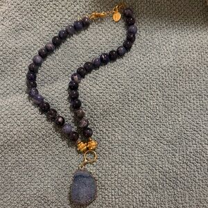 Authentic Susan Shaw Handcrafted Dark Blue Beaded Necklace with Druzy Pendant